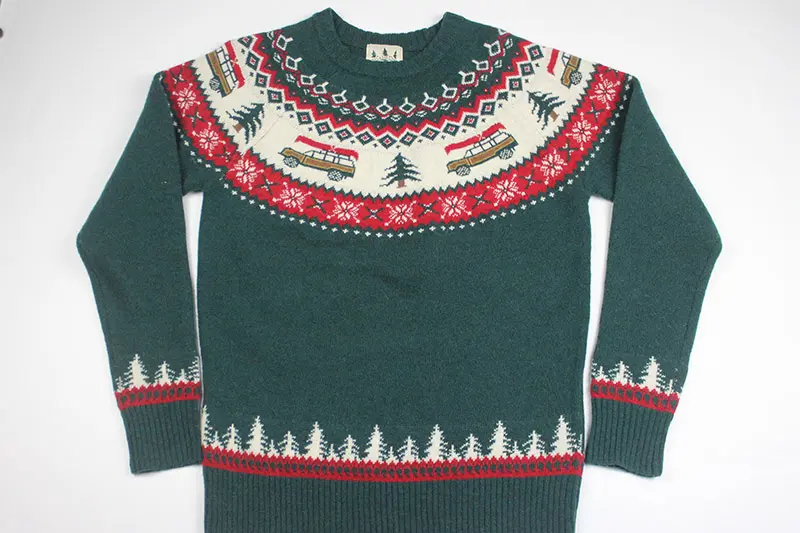 Wool blend Christmas jumper material sample checked for warmth hand feel and buyer review