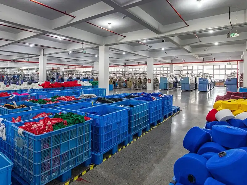 Christmas sweater factory production workshop with knitting machines