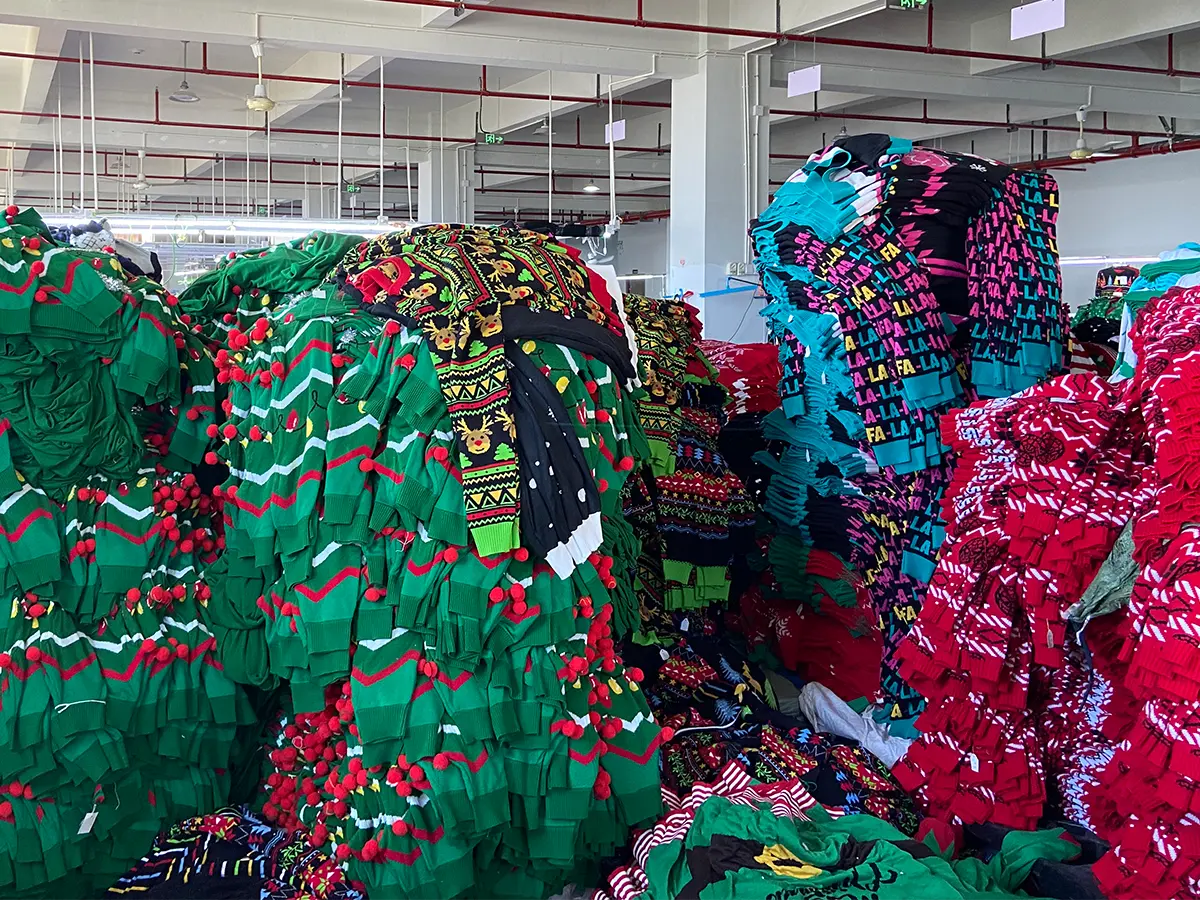 Completed holiday knitwear for large volume orders